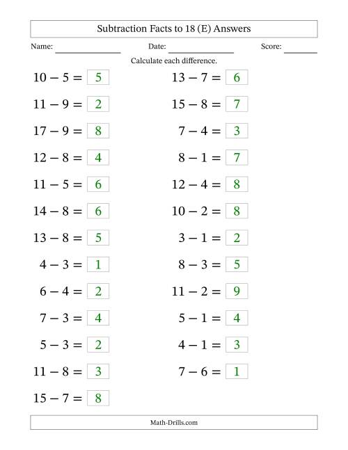 The Horizontally Arranged Subtraction Facts with Minuends to 18 (25 Questions; Large Print) (E) Math Worksheet Page 2