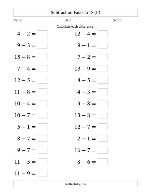 The Horizontally Arranged Subtraction Facts with Minuends to 18 (25 Questions; Large Print) (F) Math Worksheet
