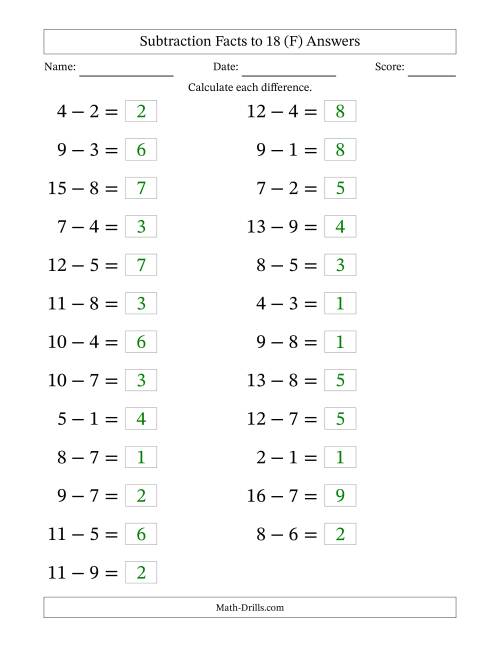 The Horizontally Arranged Subtraction Facts with Minuends to 18 (25 Questions; Large Print) (F) Math Worksheet Page 2
