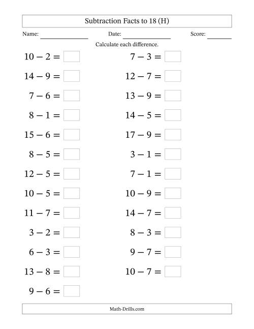 The Horizontally Arranged Subtraction Facts with Minuends to 18 (25 Questions; Large Print) (H) Math Worksheet