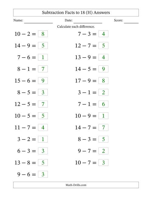 The Horizontally Arranged Subtraction Facts with Minuends to 18 (25 Questions; Large Print) (H) Math Worksheet Page 2