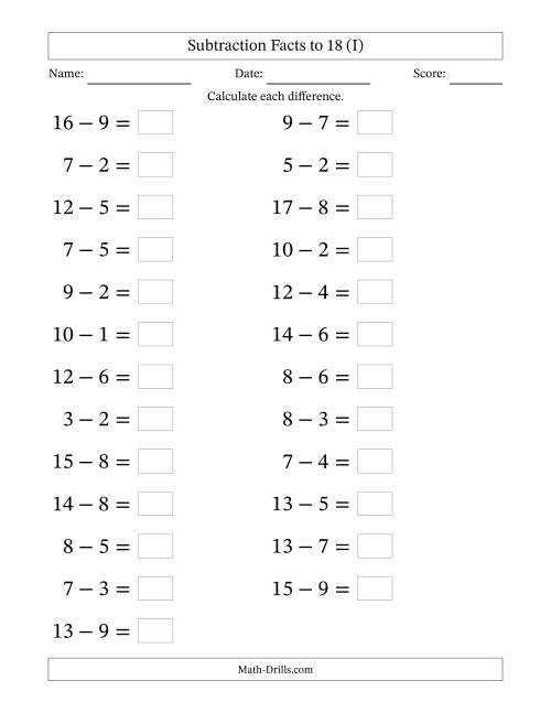 The Horizontally Arranged Subtraction Facts with Minuends to 18 (25 Questions; Large Print) (I) Math Worksheet