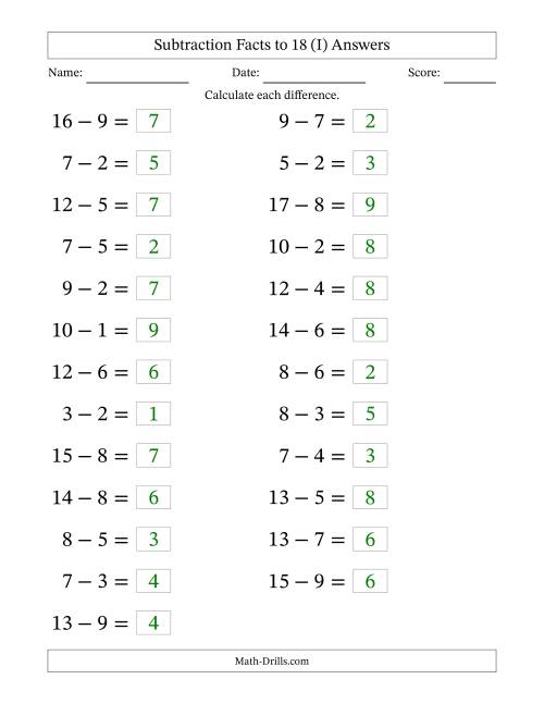 The Horizontally Arranged Subtraction Facts with Minuends to 18 (25 Questions; Large Print) (I) Math Worksheet Page 2