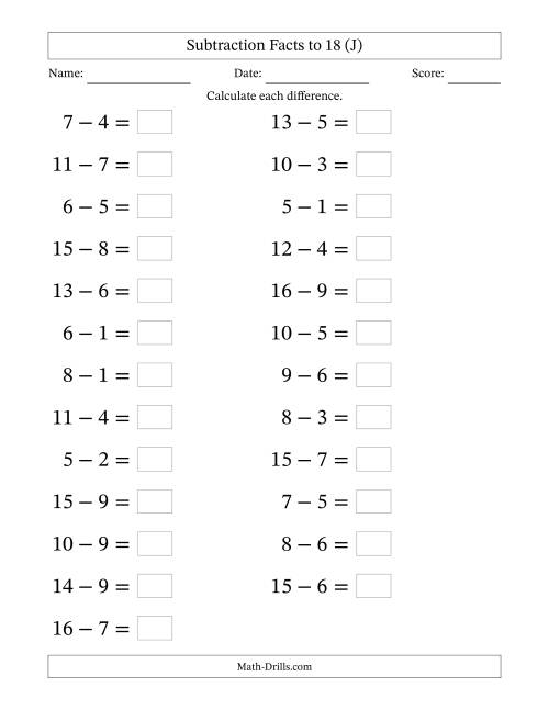 The Horizontally Arranged Subtraction Facts with Minuends to 18 (25 Questions; Large Print) (J) Math Worksheet