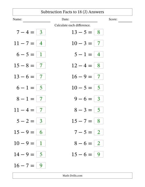 The Horizontally Arranged Subtraction Facts with Minuends to 18 (25 Questions; Large Print) (J) Math Worksheet Page 2