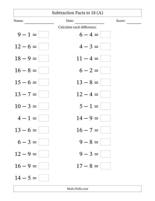 The Horizontally Arranged Subtraction Facts with Minuends to 18 (25 Questions; Large Print) (All) Math Worksheet