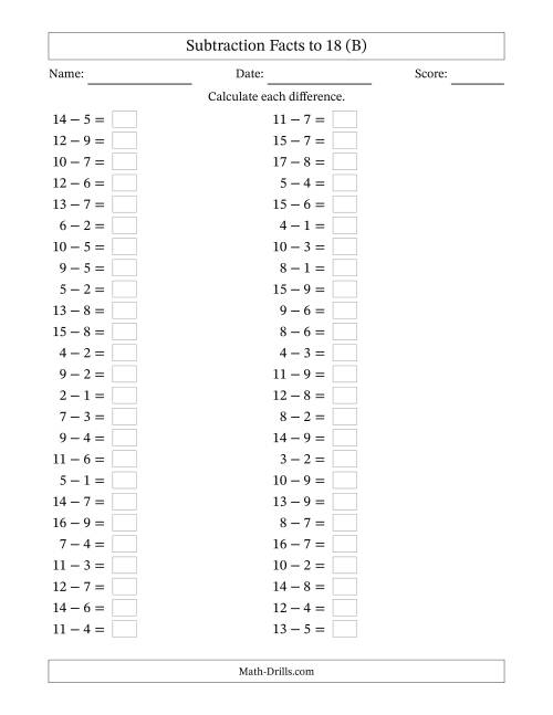 The Horizontally Arranged Subtraction Facts with Minuends to 18 (50 Questions) (B) Math Worksheet