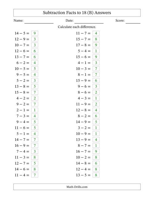 The Horizontally Arranged Subtraction Facts with Minuends to 18 (50 Questions) (B) Math Worksheet Page 2