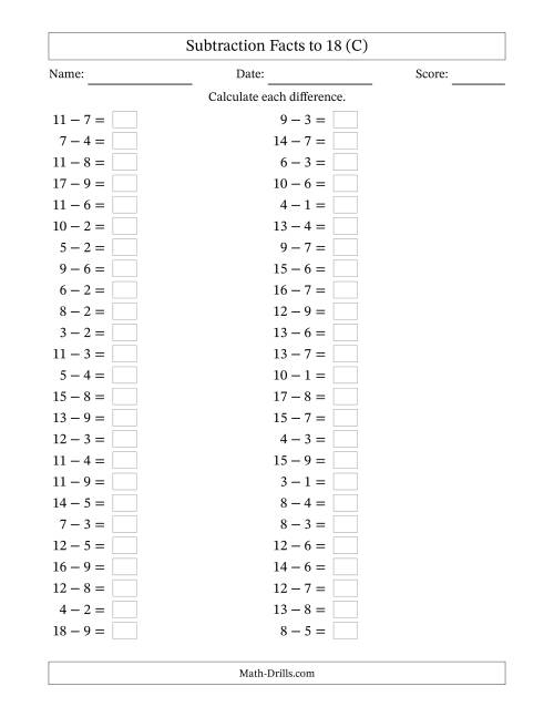 The Horizontally Arranged Subtraction Facts with Minuends to 18 (50 Questions) (C) Math Worksheet