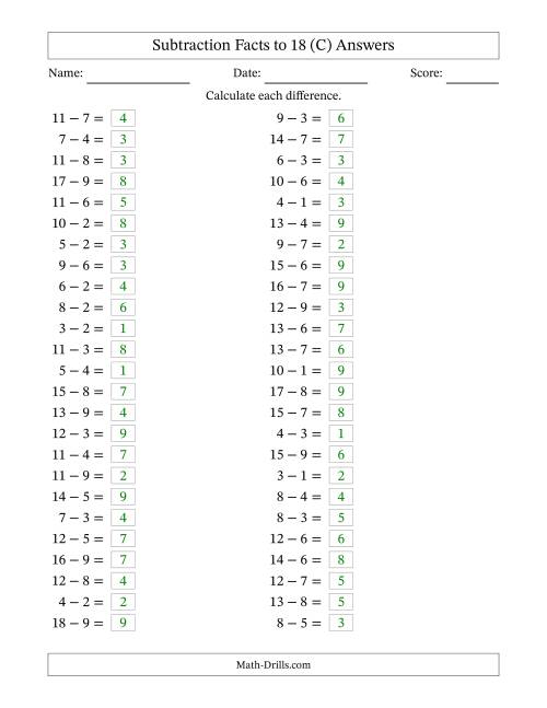 The Horizontally Arranged Subtraction Facts with Minuends to 18 (50 Questions) (C) Math Worksheet Page 2