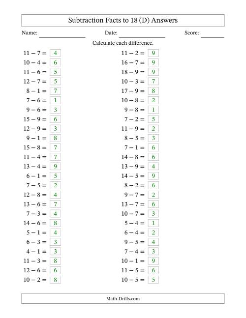 The Horizontally Arranged Subtraction Facts with Minuends to 18 (50 Questions) (D) Math Worksheet Page 2