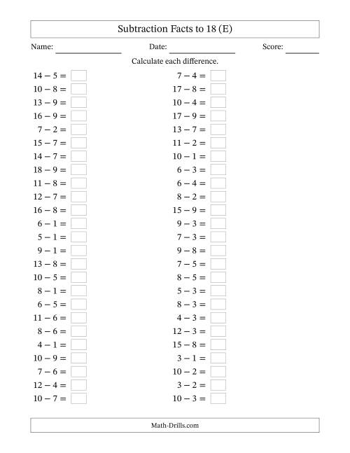 The Horizontally Arranged Subtraction Facts with Minuends to 18 (50 Questions) (E) Math Worksheet