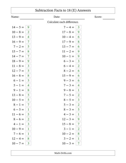 The Horizontally Arranged Subtraction Facts with Minuends to 18 (50 Questions) (E) Math Worksheet Page 2