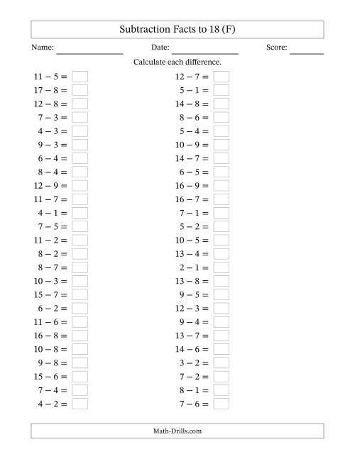 The Horizontally Arranged Subtraction Facts with Minuends to 18 (50 Questions) (F) Math Worksheet
