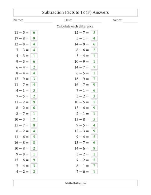 The Horizontally Arranged Subtraction Facts with Minuends to 18 (50 Questions) (F) Math Worksheet Page 2