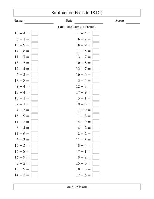The Horizontally Arranged Subtraction Facts with Minuends to 18 (50 Questions) (G) Math Worksheet