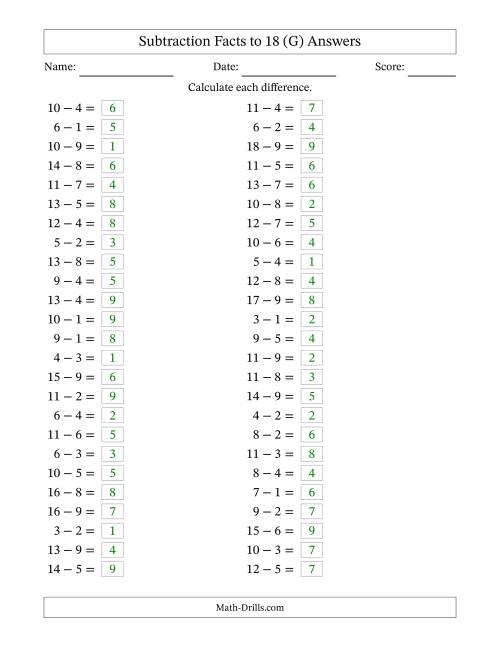 The Horizontally Arranged Subtraction Facts with Minuends to 18 (50 Questions) (G) Math Worksheet Page 2