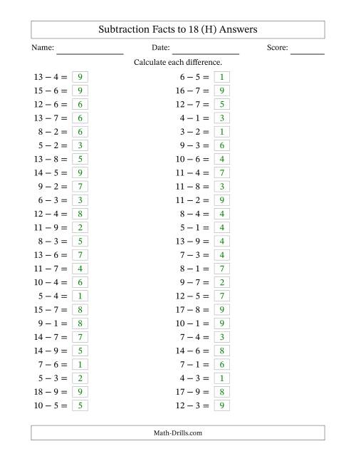 The Horizontally Arranged Subtraction Facts with Minuends to 18 (50 Questions) (H) Math Worksheet Page 2
