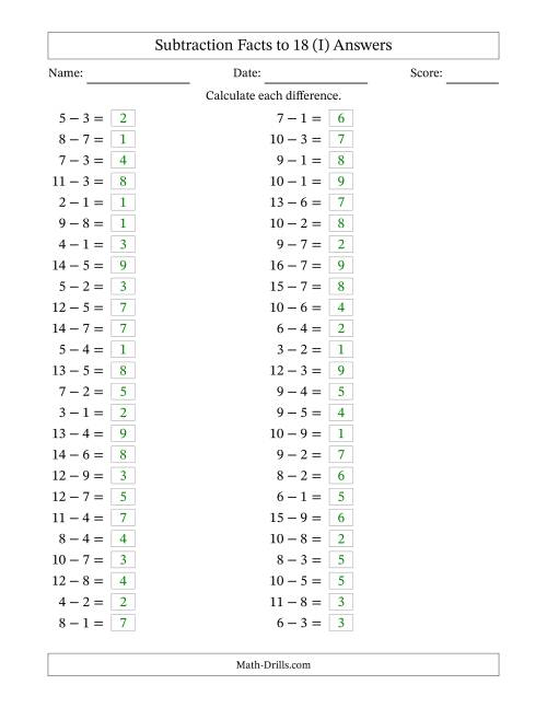 The Horizontally Arranged Subtraction Facts with Minuends to 18 (50 Questions) (I) Math Worksheet Page 2