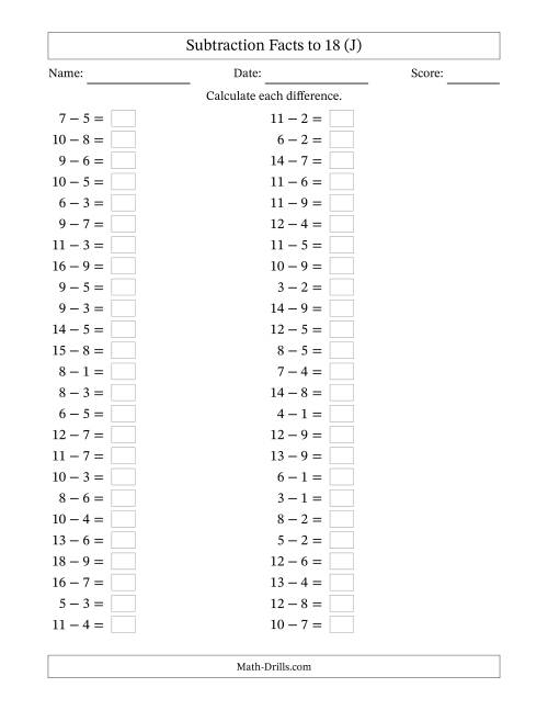 The Horizontally Arranged Subtraction Facts with Minuends to 18 (50 Questions) (J) Math Worksheet