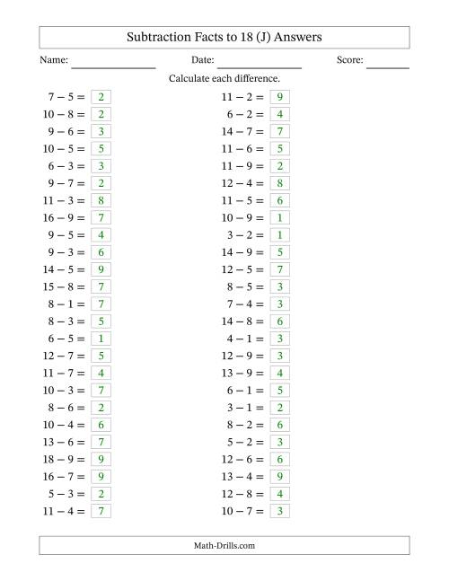 The Horizontally Arranged Subtraction Facts with Minuends to 18 (50 Questions) (J) Math Worksheet Page 2