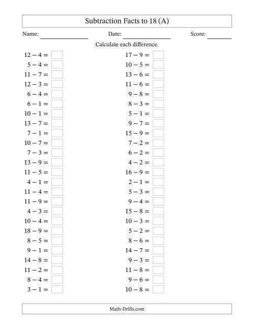 The Horizontally Arranged Subtraction Facts with Minuends to 18 (50 Questions) (All) Math Worksheet