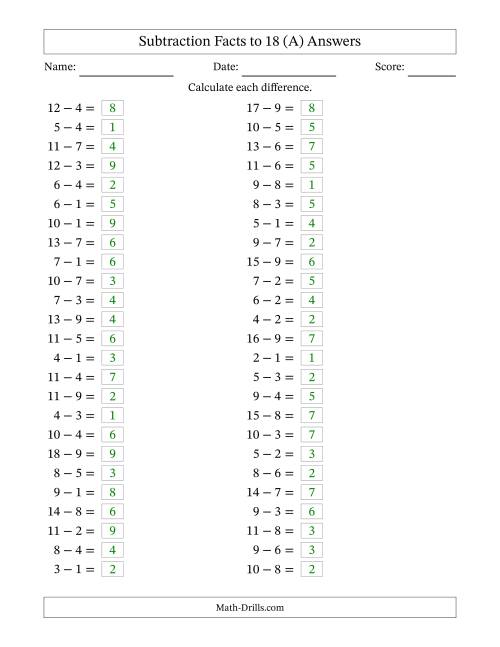 The Horizontally Arranged Subtraction Facts with Minuends to 18 (50 Questions) (All) Math Worksheet Page 2