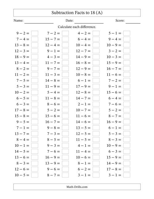 The Subtraction Facts to 18 -- Horizontal (A) Math Worksheet