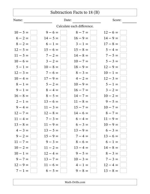 The Horizontally Arranged Subtraction Facts with Minuends to 18 (100 Questions) (B) Math Worksheet