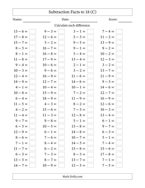 The Horizontally Arranged Subtraction Facts with Minuends to 18 (100 Questions) (C) Math Worksheet