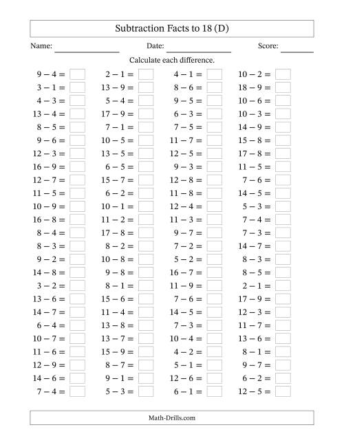 The Horizontally Arranged Subtraction Facts with Minuends to 18 (100 Questions) (D) Math Worksheet