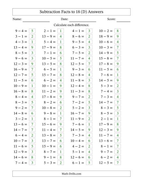 The Horizontally Arranged Subtraction Facts with Minuends to 18 (100 Questions) (D) Math Worksheet Page 2