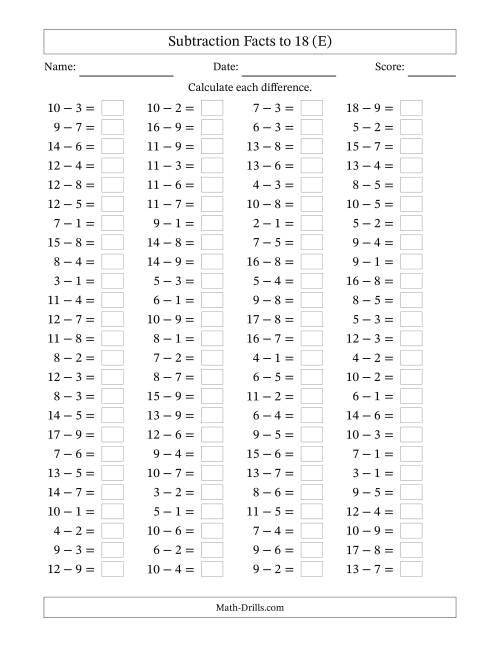 The Subtraction Facts to 18 -- Horizontal (E) Math Worksheet