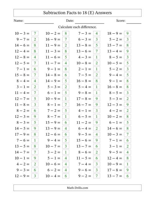 The Subtraction Facts to 18 -- Horizontal (E) Math Worksheet Page 2