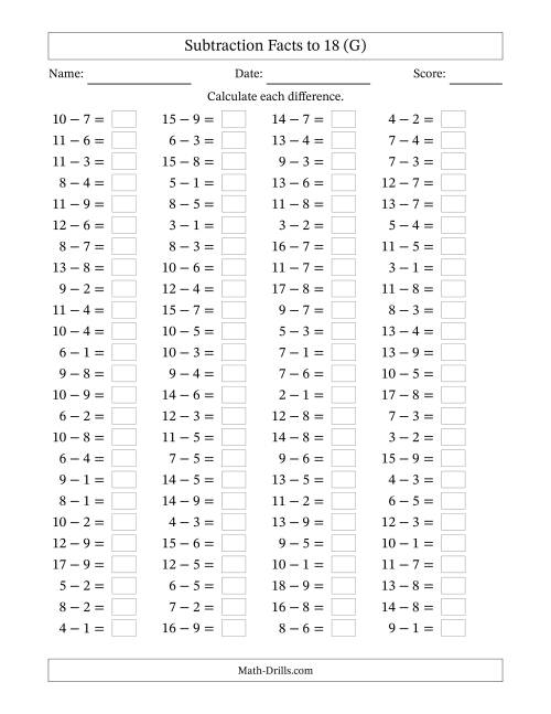 The Subtraction Facts to 18 -- Horizontal (G) Math Worksheet