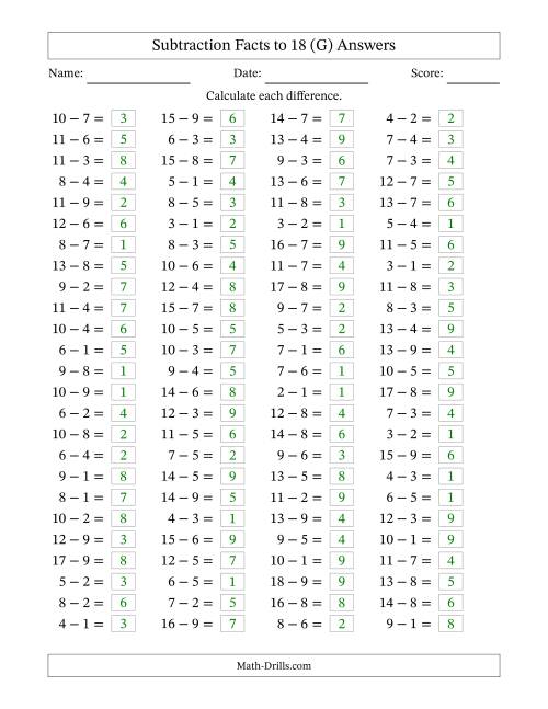 The Subtraction Facts to 18 -- Horizontal (G) Math Worksheet Page 2