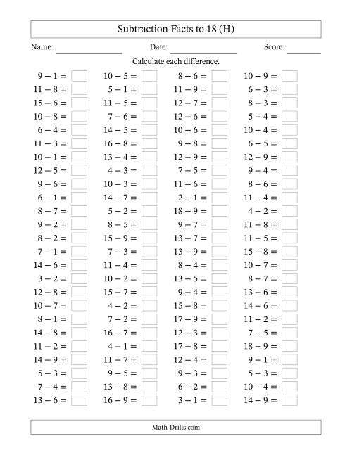 The Subtraction Facts to 18 -- Horizontal (H) Math Worksheet