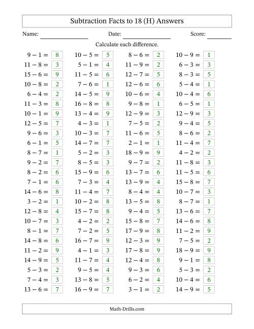 The Subtraction Facts to 18 -- Horizontal (H) Math Worksheet Page 2