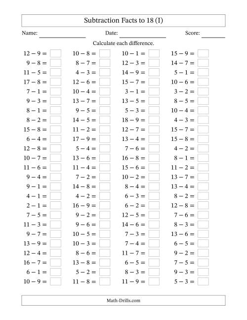 The Horizontally Arranged Subtraction Facts with Minuends to 18 (100 Questions) (I) Math Worksheet