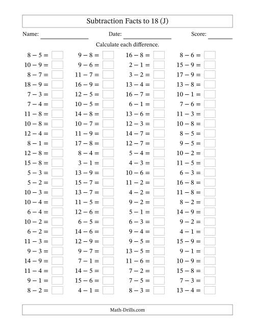 The Subtraction Facts to 18 -- Horizontal (J) Math Worksheet