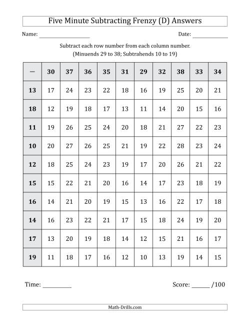The Five Minute Subtracting Frenzy (Minuends 29 to 38 and Subtrahends 10 to 19) (D) Math Worksheet Page 2