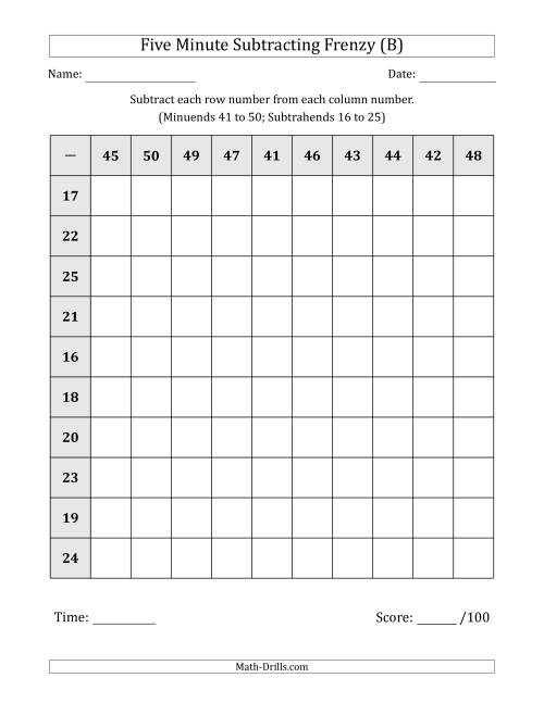 The Five Minute Subtracting Frenzy (Minuends 41 to 50 and Subtrahends 16 to 25) (B) Math Worksheet
