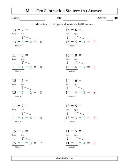 The Make Ten Subtraction Strategy (A) Math Worksheet Page 2