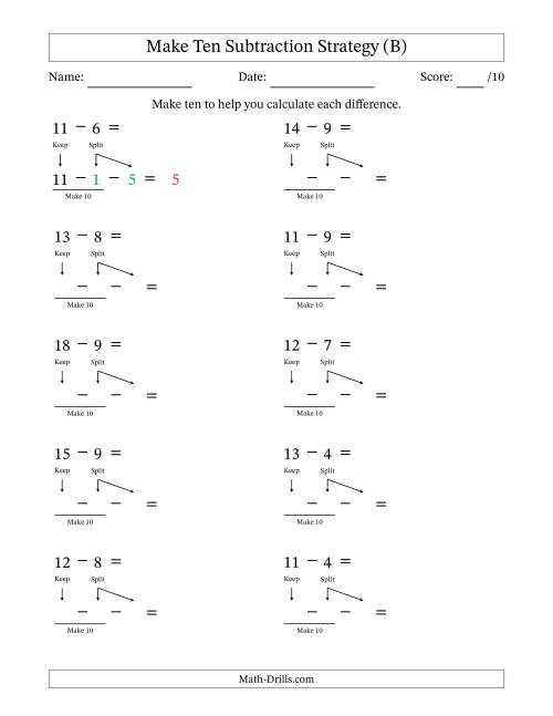 The Make Ten Subtraction Strategy (B) Math Worksheet