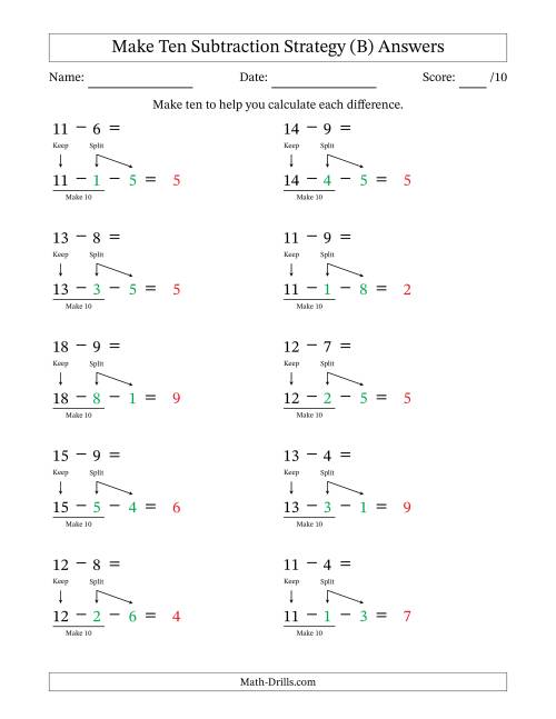 The Make Ten Subtraction Strategy (B) Math Worksheet Page 2