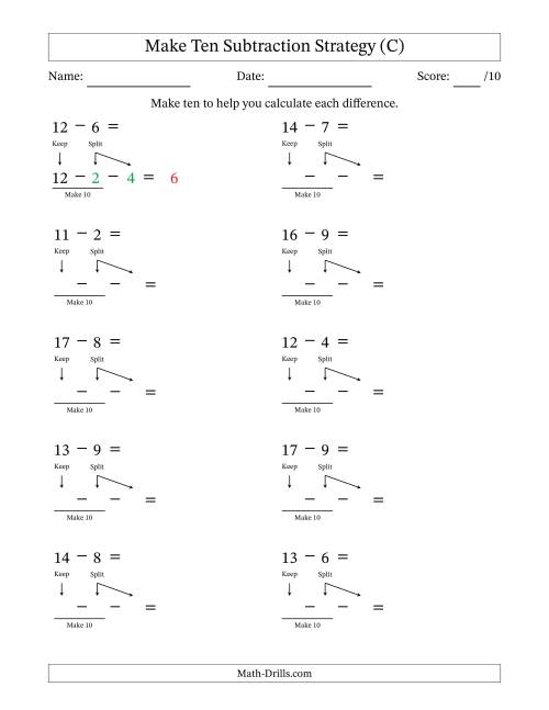 The Make Ten Subtraction Strategy (C) Math Worksheet