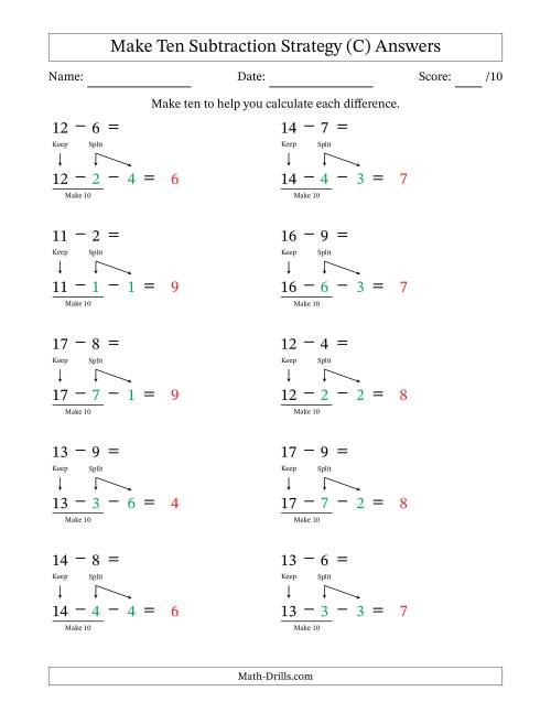 The Make Ten Subtraction Strategy (C) Math Worksheet Page 2
