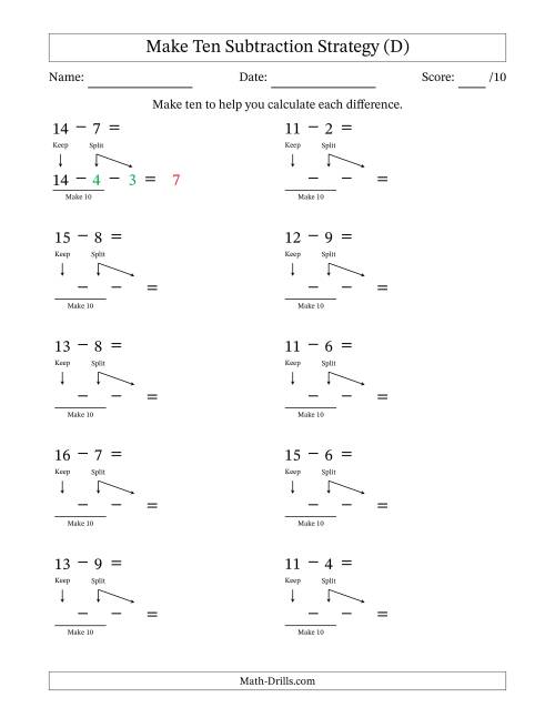 The Make Ten Subtraction Strategy (D) Math Worksheet