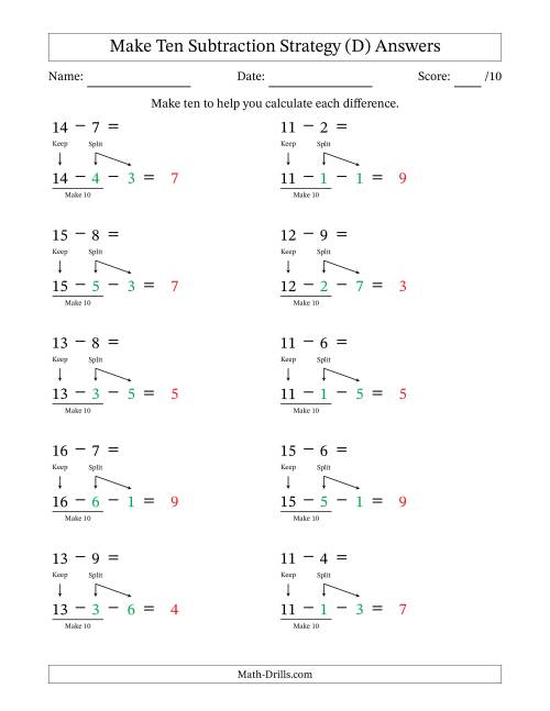 The Make Ten Subtraction Strategy (D) Math Worksheet Page 2