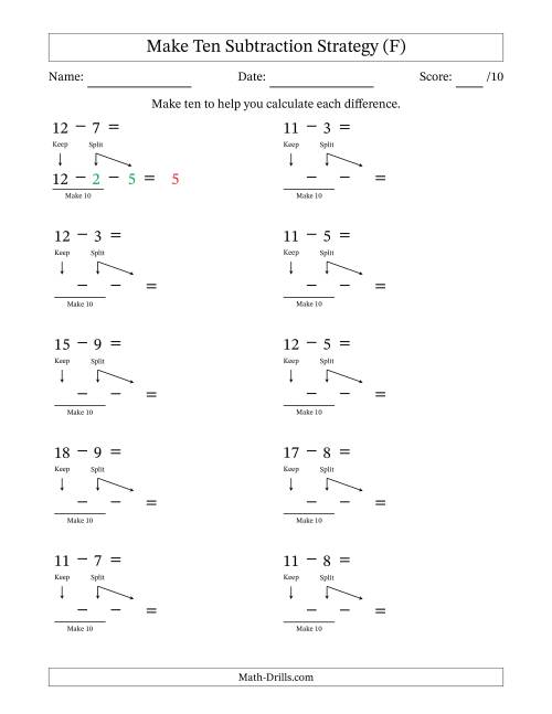The Make Ten Subtraction Strategy (F) Math Worksheet